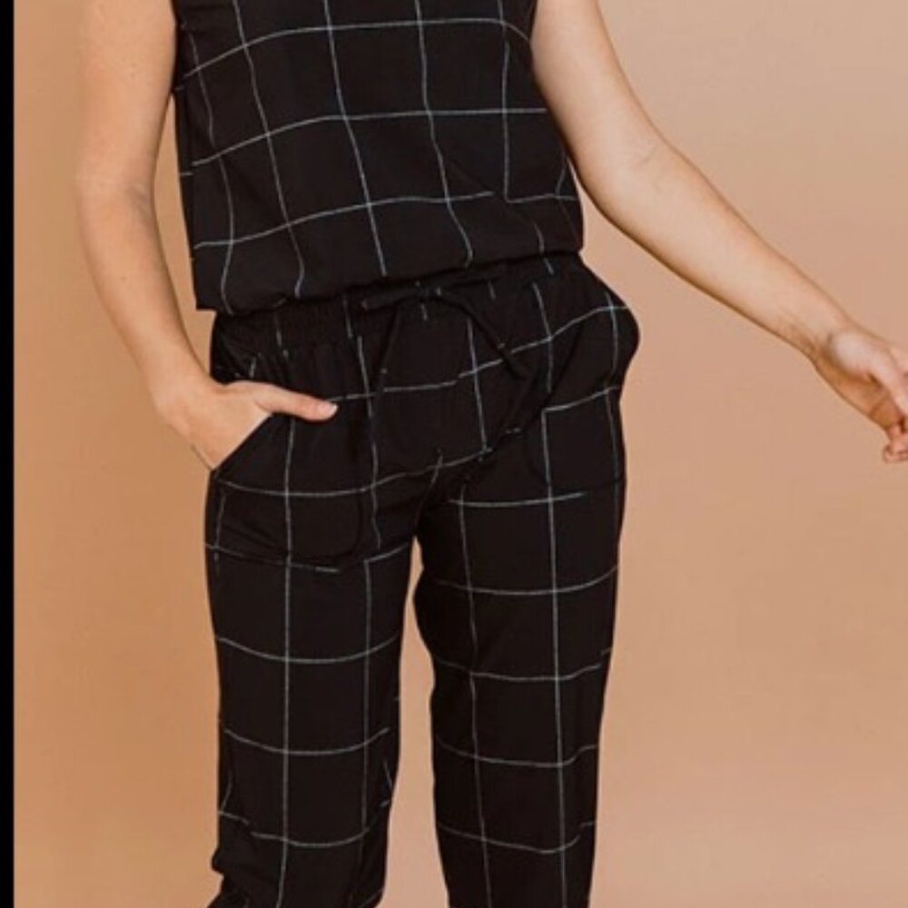 Albion Jumpsuit - Black Windowpane, Cap Sleeve, Small
